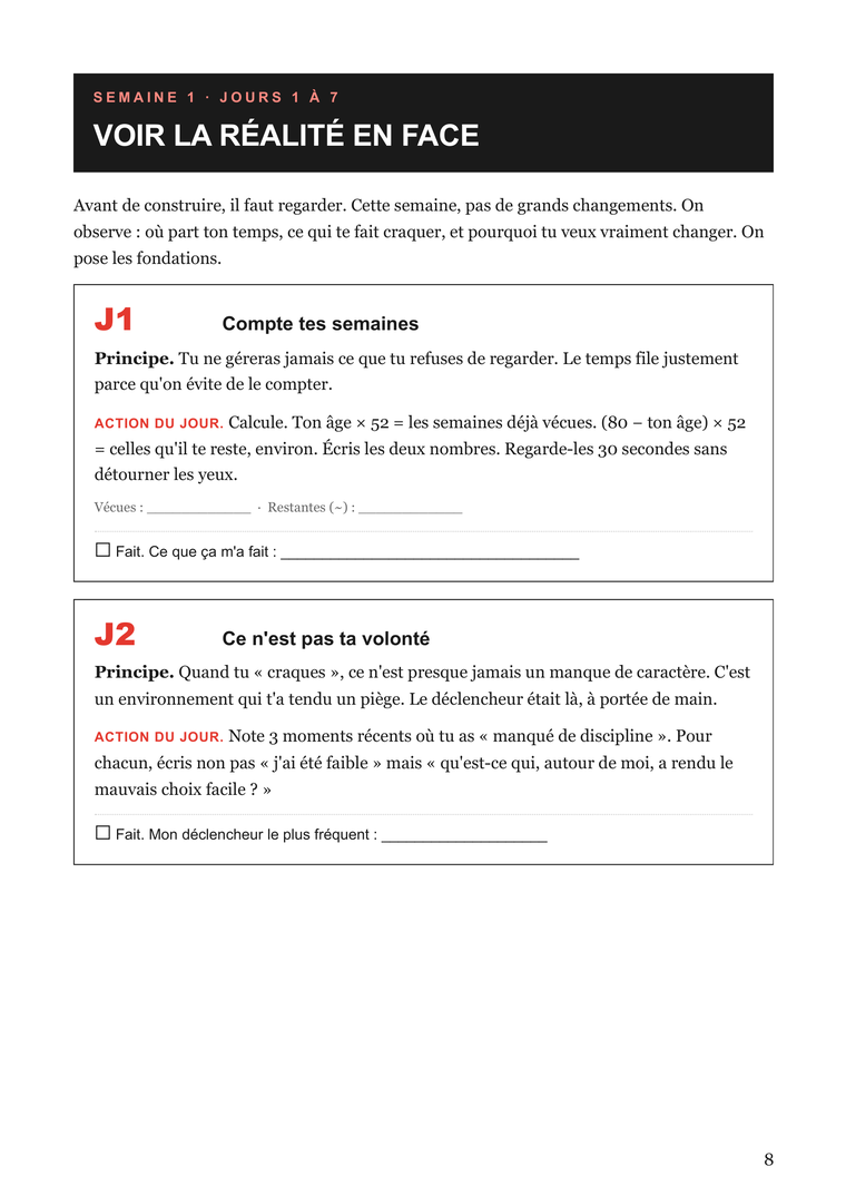 Page Semaine 1, Jours 1 et 2 du workbook Discipline 30