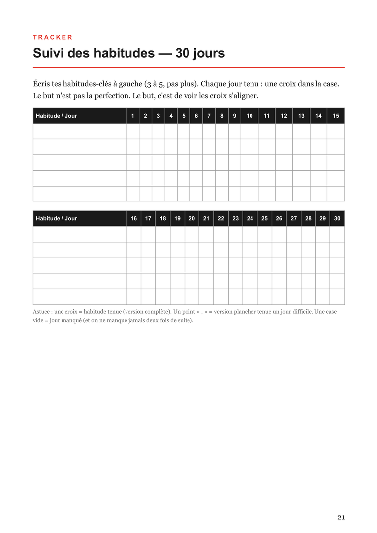 Page Tracker — suivi des habitudes sur 30 jours du workbook Discipline 30